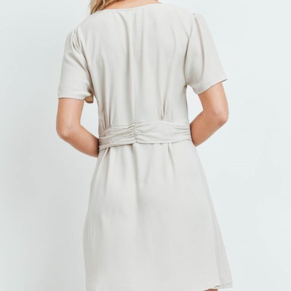 Entro V Neck Front Twist Lightweight Short Sleeve Mini Dress Beige L - Picture 3 of 4